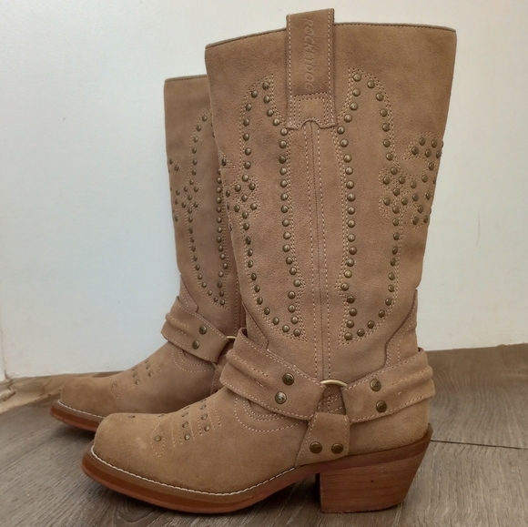 Women's Rocketdog Suede Leather Studded Motorcycle Boots Beige Size 6 - Picture 4 of 8